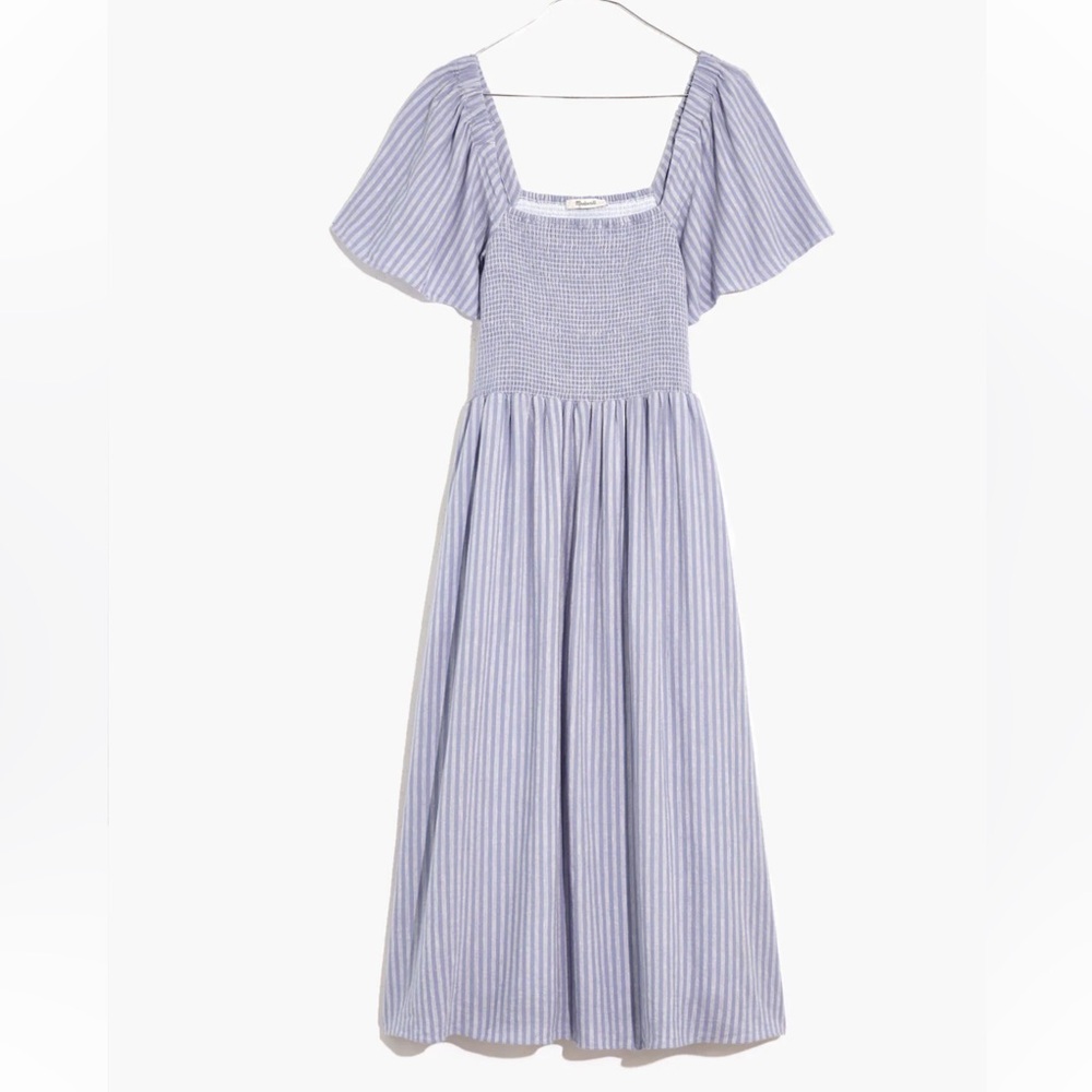 Madewell Lucie Smocked Square-Neck Midi Dress in Light Blue Stripe size M - Picture 5 of 6
